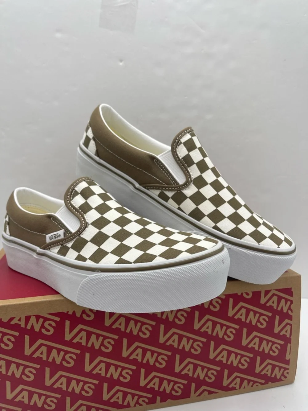 Vans Slip-On Platform Sneakers Checkerboard Sepia Brown VN00018E0E0 New - Picture 5 of 16